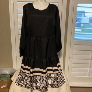 Black Tiered Midi Dress with Cream Geometric Hem - Women